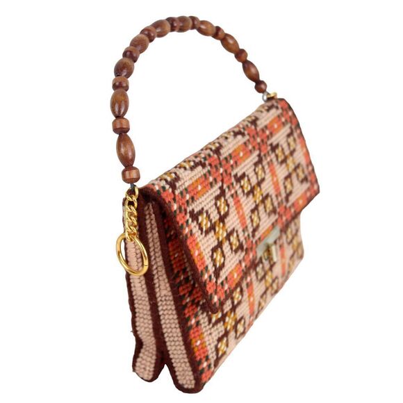 HANDMADE EMBROIDERED MULTICOLOR TAPESTRY WOOD HANDLE FLAP POCKETBOOK HANDBAG - Picture 2 of 14